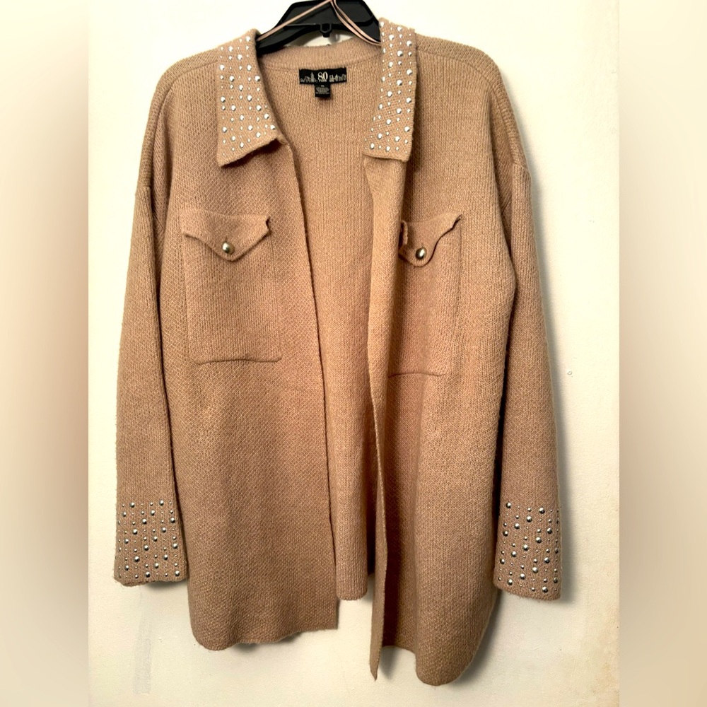 NWOT 80 Park Womens Tan Soft Knit w. Silver Beads Open Front Cardigan 4 Pockets